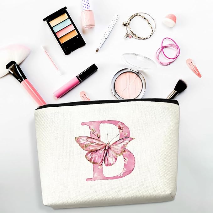Initial Makeup Bag Pink Butterfly B Personalized Cosmetic Bag Monogrammed Gifts for Women Girls Bride Boss Monogram Zipper Pouch for Friendship Mothers Day Birthday Wedding Bridal Shower Gifts