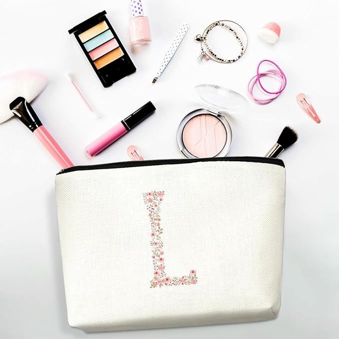 Initial Makeup Bag Floral L Personalized Cosmetic Bag Monogrammed Gifts for Women Girls Aunt Bridesmaid Monogram Zipper Pouch for Teacher Appreciation Mothers Day Birthday Wedding Bridal Shower Gifts
