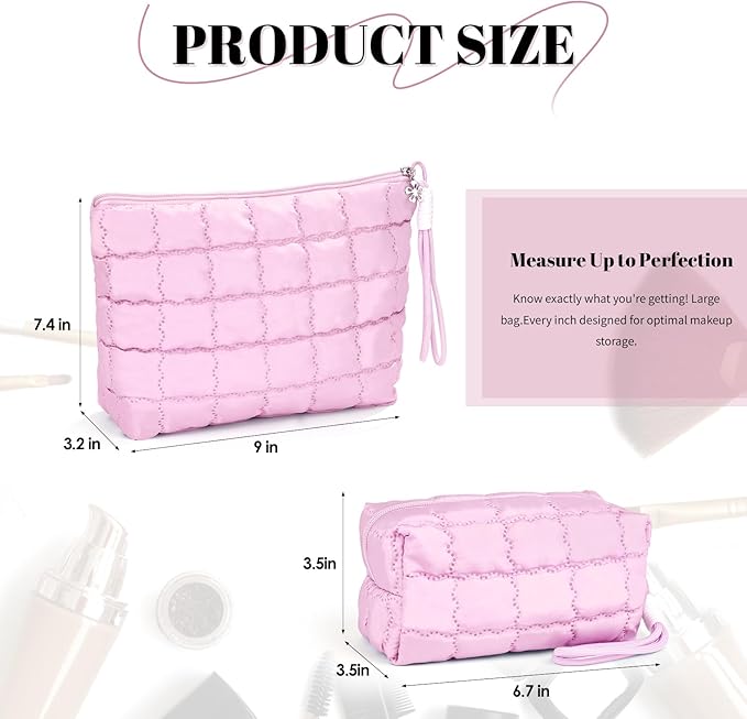 Richeart Makeup Bag Travel Toiletry Bag - Checkered Down Cotton Makeup Pouch for Women with Cosmetic and Pencil, Aesthetic Pink Design, Small