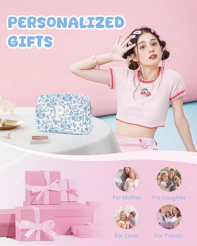 Narwey Birthday Gifts for Teen Girls Kids Women Personalized Initial Floral Makeup Bag Cute Cosmetic Trendy Stuff 6 8 10 11 12 13 14 16 18 Years Old Travel Toiletry Bag (Little Blue Flower P)