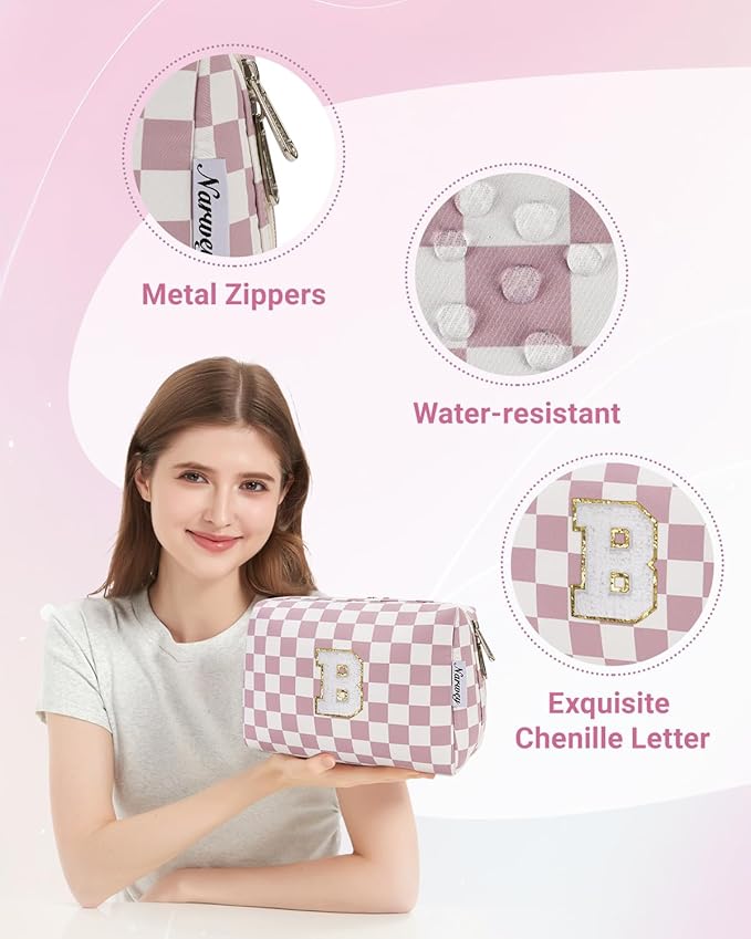 Narwey Birthday Gifts for Teen Girls Kids Women Personalized Initial Checkered Makeup Bag Pink Monogram Cosmetic Bag Trendy Stuff 6 8 10 11 12 13 14 16 18 Years Old Travel Toiletry Bag (Dusty Rose B)