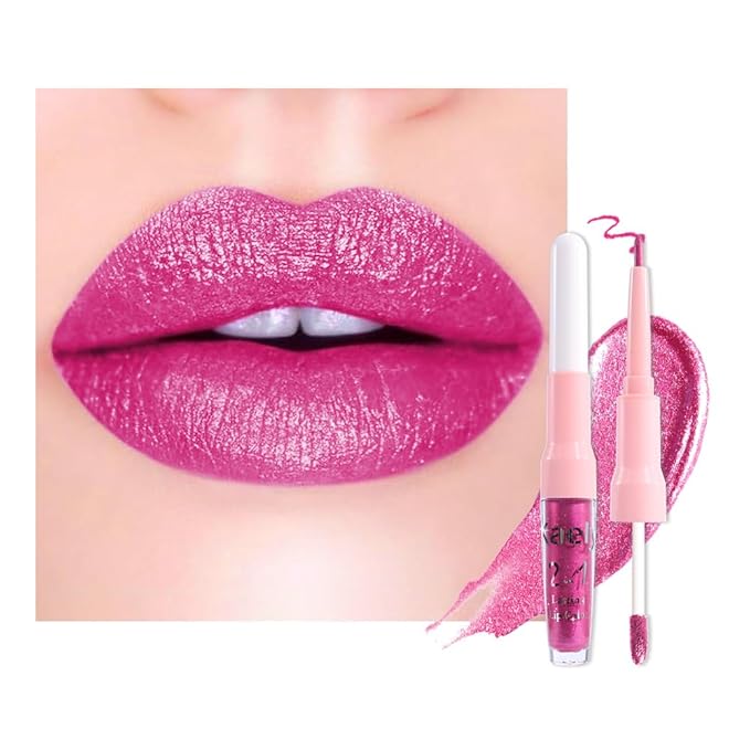 Kaely 2-in-1 Rose Metallic Lipstick and Lip Liner, Shimmer Liquid Metallic Lipsticks for Women, Glitter Lip Gloss Stain Long Lasting Waterproof Smudge Proof 24 Hour, Vegan Makeup, 15