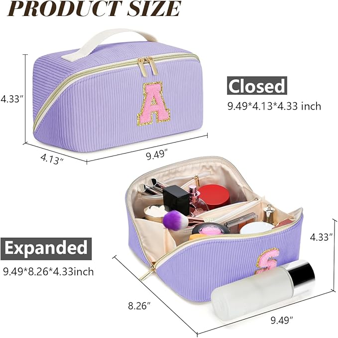 Personalized Initial Makeup Bag,Christmas Gifts for Girl,Preppy Bag Cosmetic Travel Bag Women,Travel Toiletry Organizer,Large Capacity Corduroy Stuff Bag,Cute Cosmetic Pouch Skincare Bag-Y