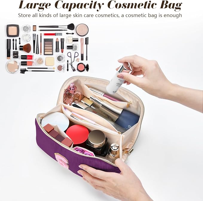 Personalized Initial Makeup Bag,Christmas Gifts for Girl,Preppy Bag Cosmetic Travel Bag Women,Travel Toiletry Organizer,Large Capacity Corduroy Stuff Bag,Cute Cosmetic Pouch Skincare Bag-X