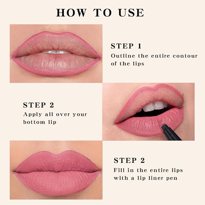 2Pcs Longwear Liquid Lip Liner Stain Marker Pen Set Long Lasting Waterproof, Dusty Warm Pink Matte Semi Permanent 24 Hour Lip Liner and Lipstick Combo, Color Stay Lipliner All Day, Lips Stain peel off