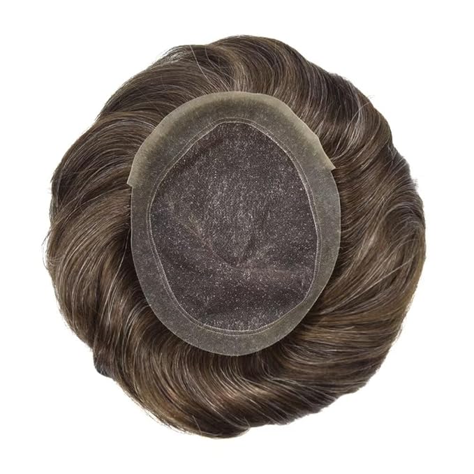 FACE MIRACLE Mens Toupee Lace Front Hairpieces Soft Human Hair Replacement System Toupee for Men French Lace Poly V-Looped Mens hair Units 6"X9" #330 3# DARK BROWN WITH 30% SYNTHETIC GREY