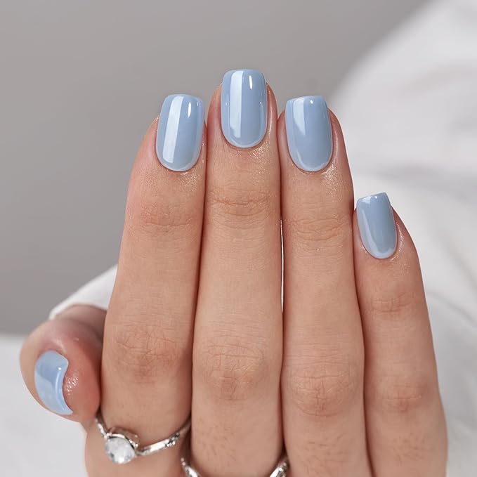 BTArtbox Press On Nails Short - Square Press On Nail, Blue Glossy Nail Tips Glue On Nails with Nail Glue, Reusable Stick On Nails in 15 Sizes - 30 Soft Gel Fake Nails Kit, Ocean Glazed