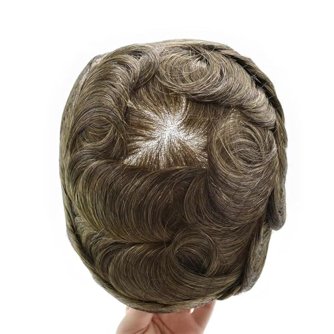 FACE MIRACLE Mens Toupee Lace Front Hairpieces Soft Human Hair Replacement System Natural Hairline Toupee for Men French Lace Poly V-Looped Mens hair Units 6"X8" 6# LIGHT BROWN