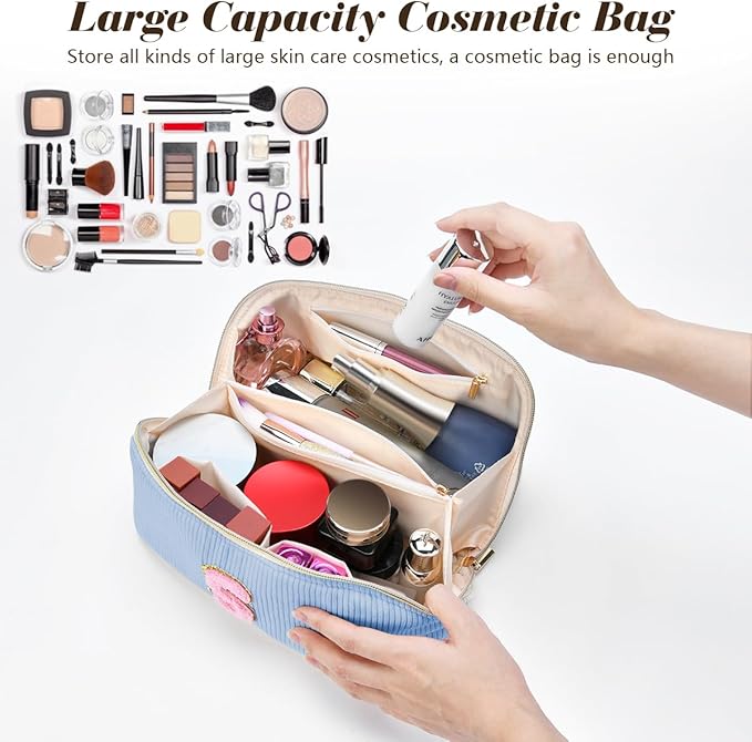 Personalized Initial Makeup Bag,Christmas Gifts for Girl,Preppy Bag Cosmetic Travel Bag Women,Travel Toiletry Organizer,Large Capacity Corduroy Stuff Bag,Cute Cosmetic Pouch Skincare Bag-U