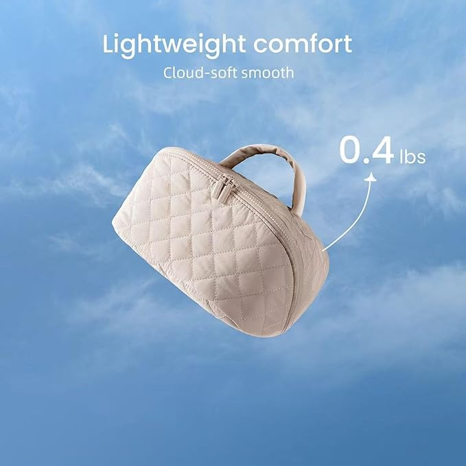Makeup Bag for Woman, 180° Lay Flat Wide Open Makeup Bags, Large Fold out Washable Cosmetic Case, Quilted Puffy Toiletry Bags for Toiletries (Green)