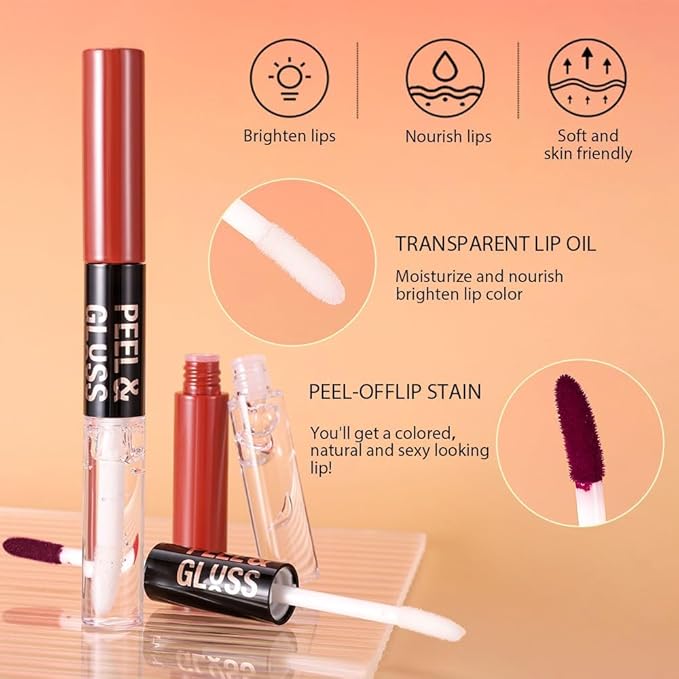 2Pcs Peel off Lip Stain Lip Oil Dual Ended Combo Set with Tweezer, 2 in 1 Hot Pink & Berry Purple Lips Liner Stain Oil Long Lasting Waterproof, High Pigmented Flawless Lips Tint Stick Not Faded