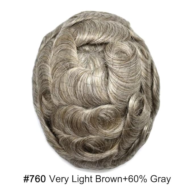 FACE MIRACLE French Lace Mens Toupee Human Hair System Lace Center Toupee for Men Thin Skin PU Around Hair Replacement System V-Looped Mens Hair Wig 6"X9" #760 7# VERY LIGHT BROWN WITH 60% GREY