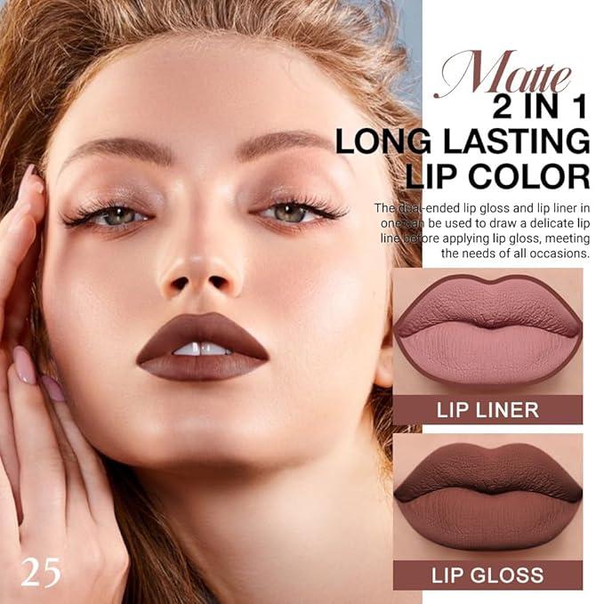 Kaely 2-in-1 Matte Lipstick and Lip Liner, Liquid Lip Stain Makeup for women Long Lasting Waterproof Smudge Proof, labiales matte mate larga duracion listip 24 hours originales, 25 Brown