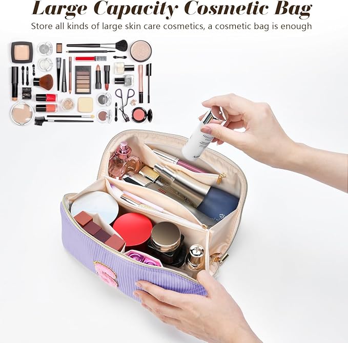 Personalized Initial Makeup Bag,Christmas Gifts for Girl,Preppy Bag Cosmetic Travel Bag Women,Travel Toiletry Organizer,Large Capacity Corduroy Stuff Bag,Cute Cosmetic Pouch Skincare Bag-T