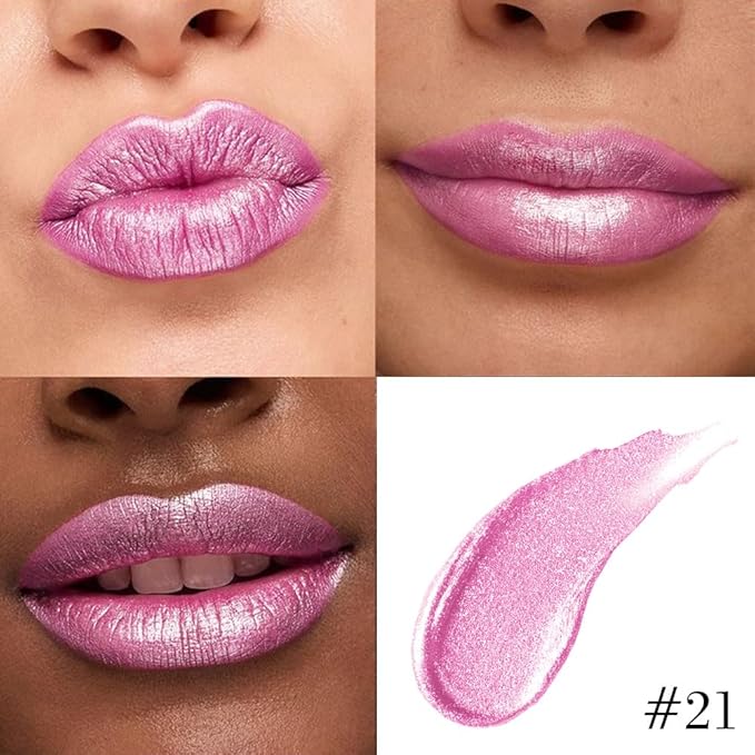 evpct Pink Metallic Glitter Lip Liner and Lipstick Combo Lip Gloss Stain Set Makeup for Women Long Lasting Waterproof 24, Rose Pink Metallic Shimmer Frosted Iridescent Glossy Liquid Lipstick 21
