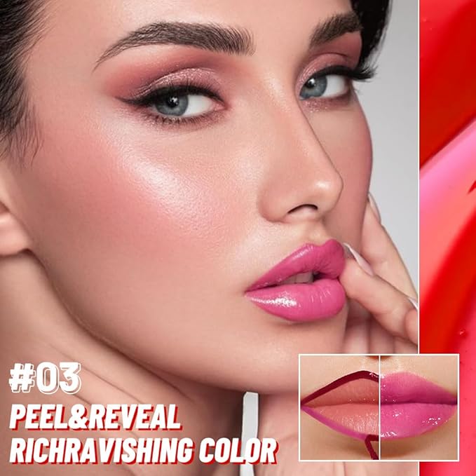 Hot Pink Peel off Lip Stain Lip Oil Dual Ended Combo Set with Tweezer, 2 in 1 Lips Liner Stain Oil Long Lasting Waterproof, High Pigmented Flawless Lips Tint Stick Not Faded Vegan & Cruelty-free