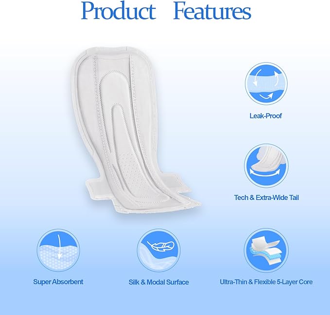 MODAL Heavy Flow Pads for Women Overnight, Unscented Sanitary Pads for Period with Wings, 16.5 Inch(420 mm), Extra Heavy Overnight, 16 Count
