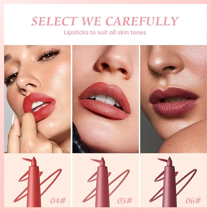 12 Colors Matte Lip Liner Pencil – Long Lasting Waterproof Lip Liner, Smudge Proof Transfer Proof Lip Pencil, High Pigment Lip Makeup for Defining & Filling Lips (A3-set:04+05+06, 3PCS)
