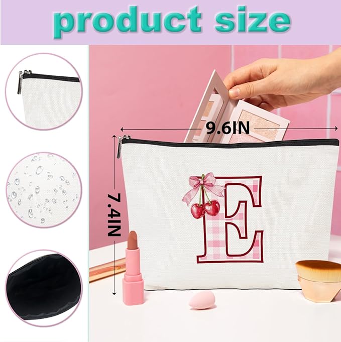 Initial Makeup Bag Monogram Cosmetic Bag Monogrammed Gifts for Women Girls Friends Coworker Niece Personalized Travel Toiletry Bag Christmas Bridal Shower Wedding Bridesmaid Gifts, Cherry E