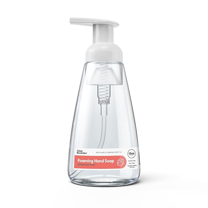 Clean Revolution Foaming Hand Soap, Gentle, Moisturizing, Ready To Use Formula, Real Essential Oils, Gluten Free, Geranium Mint, 15.25 Fl Oz
