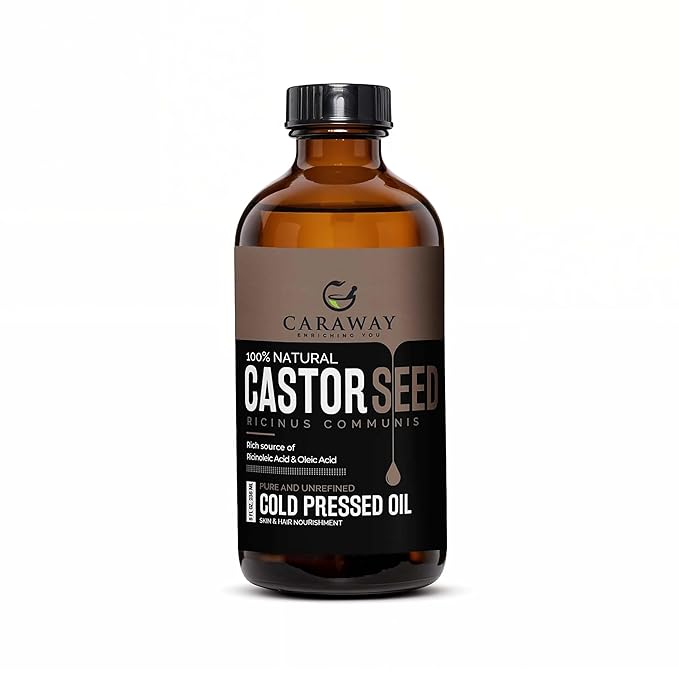 CARAWAY Cold Pressed Pure Castor Oil – Indian Handmade | Therapeutic Grade | Edible | For Liver Detox, Hair Growth, Eyelashes, Skin, Constipation & Joint Pain | Glass Bottle – 236ml