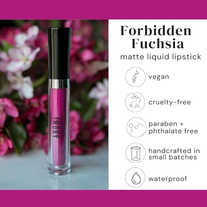 Aromi Matte Liquid Lipstick | Long-Lasting, Smudge Proof, Purple Magenta Lip Color, Waterproof, Pink Raspberry, Paraben, Phthalate, + Gluten Free (Forbidden Fuchsia)