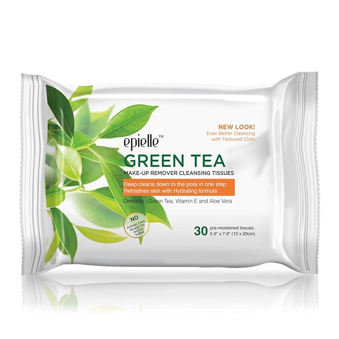 Epielle Green Tea Makeup Remover Wipes, Gentle Daily Facial Cleanser Towelettes, Remove Dirt, Oil & Waterproof Mascara, Stocking Stuffers, Thanksgiving Essentials, 30 Count (Pack of 6)