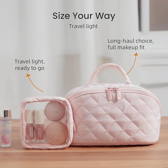 Makeup Bag for Woman, 180° Lay Flat Wide Open Makeup Bags, Large Fold out Washable Cosmetic Case, Quilted Puffy Toiletry Bags for Toiletries (Black)
