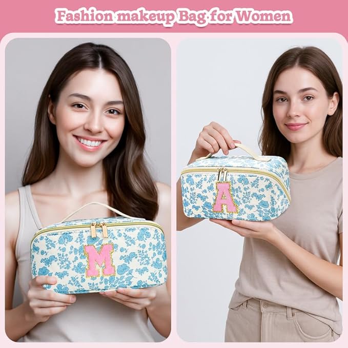 Personalized Travel Makeup Bag Set,Initial Travel Cute Floral Makeup Organizer Bag,Toiletry Skincare Cosmetic Bag,Christmas Gifts for Women/Girls,Open Flat Toiletry Pouch with Brush Pocket-K
