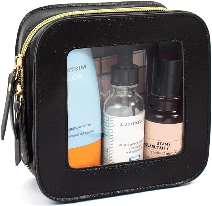 2 Pcs Clear Makup Bag Set, Clear Cosmetic Bags with Zipper Waterproof Small Travel Cosmetic Case Cute Make Up Pouch Mini Car Essentials for Women Travel Car Organizer (Mini Black)