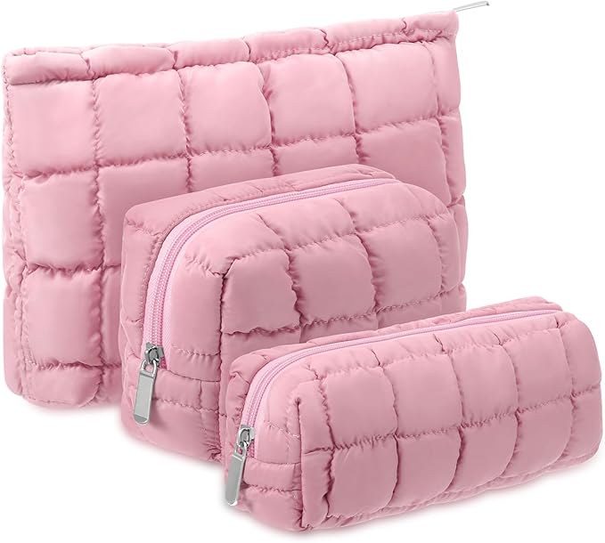 3 Pcs Puffy Makeup Bag Quilted Cosmetic Pouch for Women Cute Checkered Travel Toiletry Bag Puffer Makeup Organizer Purse Pouch Preppy Pencil Case with Zipper