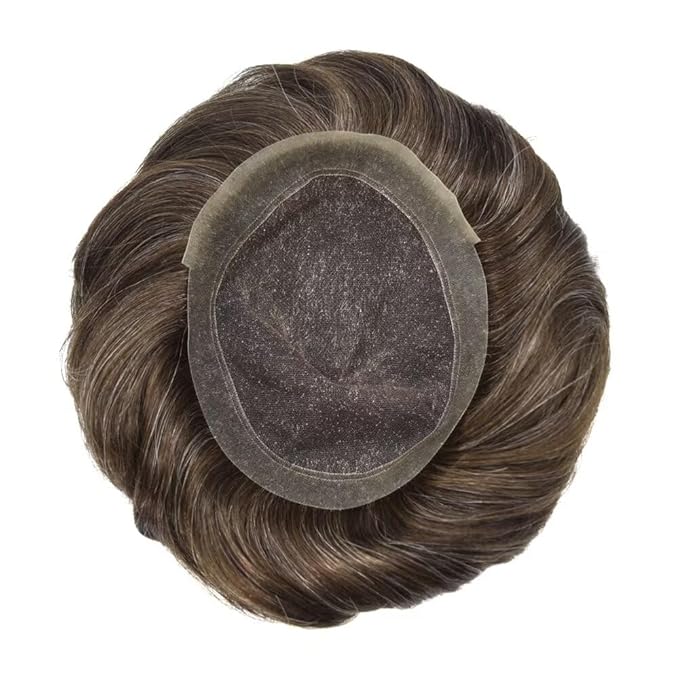FACE MIRACLE Toupee for Men French Lace Hairpiece Human Hair Replacement System Skin PU Mens Toupee Hair Wigs for Man V-Looped Front Hair Prosthesis 7"X9" #340 Dark Brown with 40% Gray