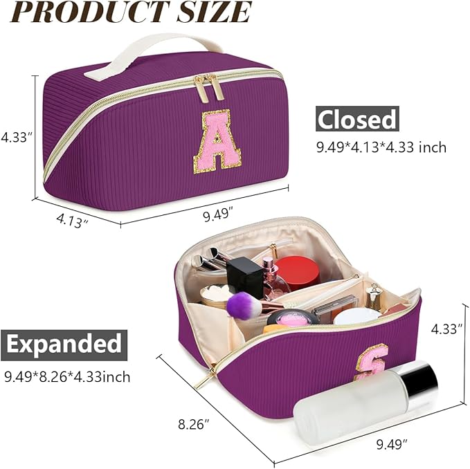 Personalized Initial Makeup Bag,Christmas Gifts for Girl,Preppy Bag Cosmetic Travel Bag Women,Travel Toiletry Organizer,Large Capacity Corduroy Stuff Bag,Cute Cosmetic Pouch Skincare Bag-F
