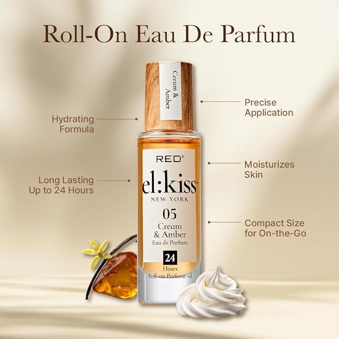 EL:KISS Roll On Perfume, Cream & Amber Inspired by Tresor La Nuit, Eau de Parfum 12mL (.40 Fl Oz), Hydrating & Long-Lasting, Alcohol-Free & Mineral Oil-Free, With Jojoba, Argan & Coconut Oil