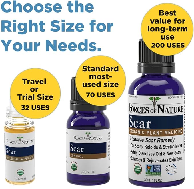 Forces of Nature Scar Treatment, Reduce Stretch Marks, Surgical Scars, Old and New Scars, Burn Scars, and Keloids, Organic Homeopathic Medicine for Skin Care, Promotes Healthy Skin, 0.37 FL OZ