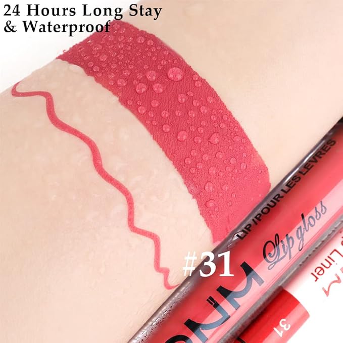 evpct 2Pcs Rose Red Pink Mauve Neutral Color Lip Liner and Matte Lipstick Makeup Sets Vegan Lipstick Lip Liner and Gloss Set Lip Stain Long Lasting Waterproof 24 31#