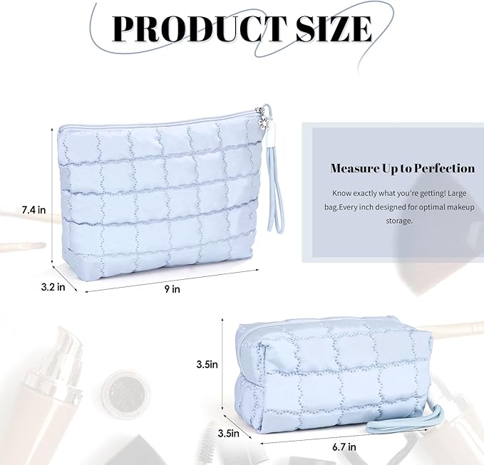 Richeart Makeup Bag Travel Toiletry Bag - Checkered Down Cotton Makeup Pouch for Women with Cosmetic and Pencil, Aesthetic Light blue Design, 2 Pieces