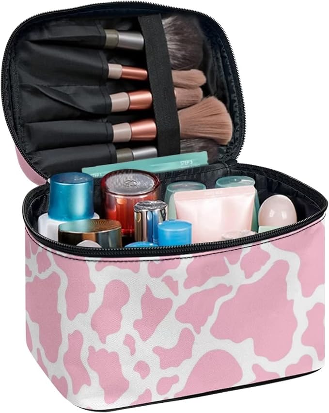 JoyLamoria Pink Cow Print Cosmetic Bag Portable Makeup Case Tote Pouch Accessories