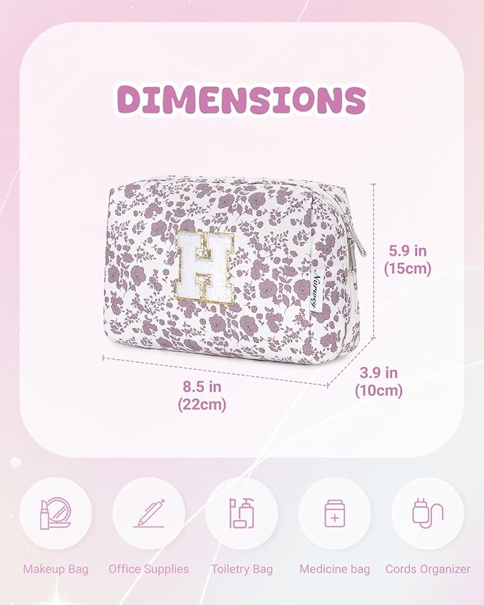 Narwey Birthday Gifts for Teen Girls Kids Women Personalized Initial Floral Makeup Bag Cute Cosmetic Trendy Stuff 6 8 10 11 12 13 14 16 18 Years Old Travel Toiletry Bag (Little Dusty Pink Flower H)