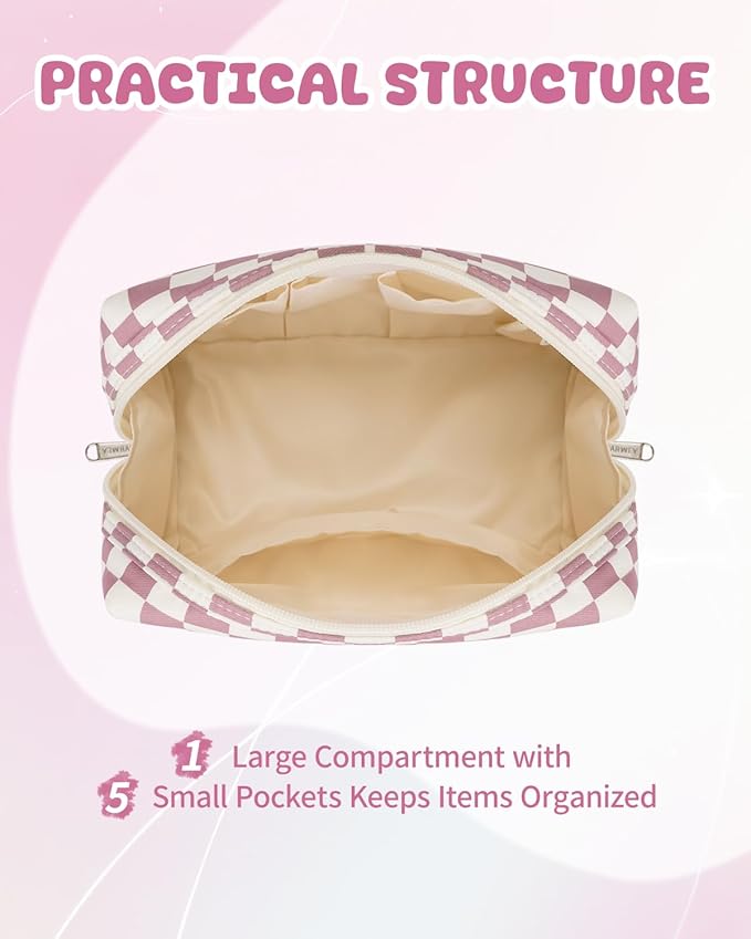 Narwey Birthday Gifts for Teen Girls Kids Women Personalized Initial Checkered Makeup Bag Pink Monogram Cosmetic Bag Trendy Stuff 6 8 10 11 12 13 14 16 18 Years Old Travel Toiletry Bag (Dusty Rose D)