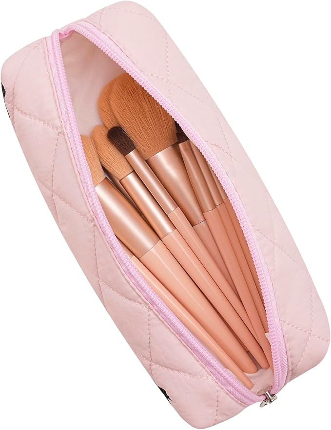 Cute Floral Cotton Makeup Brush Cosmetic Bag for Women, Travel Quilted Zipper Make Up Bag, Flowers Toiletry Organizer Case Kawaii Makeup Cosmetic Travel Cloth Pouch (Pink)