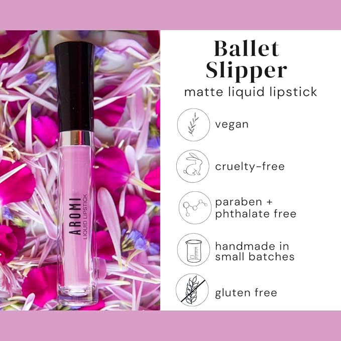 Aromi Matte Liquid Lipstick | Light, Baby Pink Lip Color with Blue Undertones, Long-lasting, Vegan, Cruelty-free, Gluten, Paraben, + Phthalate Free (Ballet Slipper)