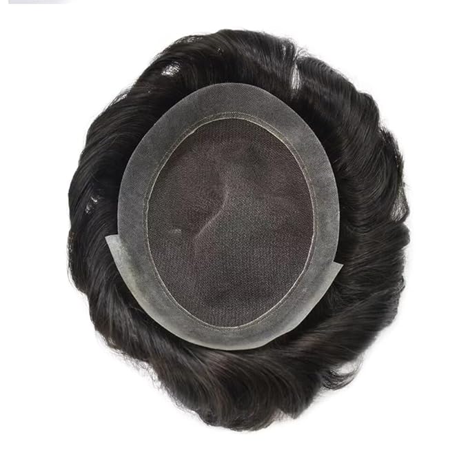 FACE MIRACLE Toupee for Men French Lace Hairpiece Human Hair Replacement System Skin PU Mens Toupee Hair Wigs for Man V-Looped Front Hair Prosthesis 7"X9" #1 Jet Black