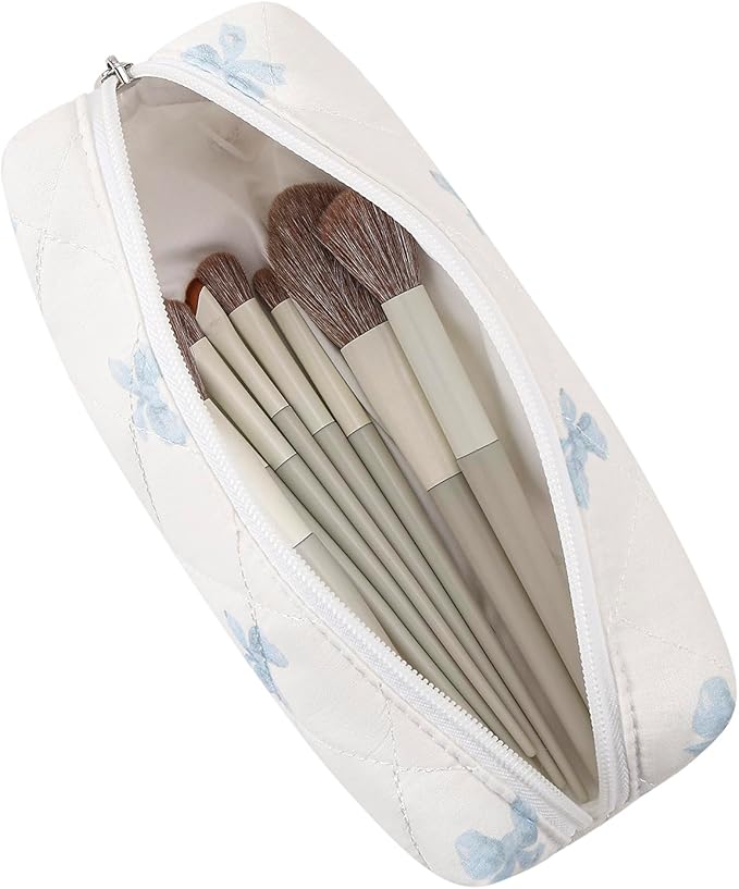 Cute Floral Cotton Makeup Brush Cosmetic Bag for Women, Travel Quilted Zipper Make Up Bag, Flowers Toiletry Organizer Case Kawaii Makeup Cosmetic Travel Cloth Pouch (Blue Bow Tie)