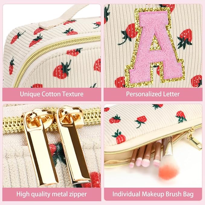 Personalized Travel Makeup Bag Set,Initial Travel Strawberry Makeup Organizer Bag,Toiletry Skincare Cosmetic Bag,Christmas Gifts for Women/Girls,Open Flat Toiletry Pouch with Brush Pocket-E