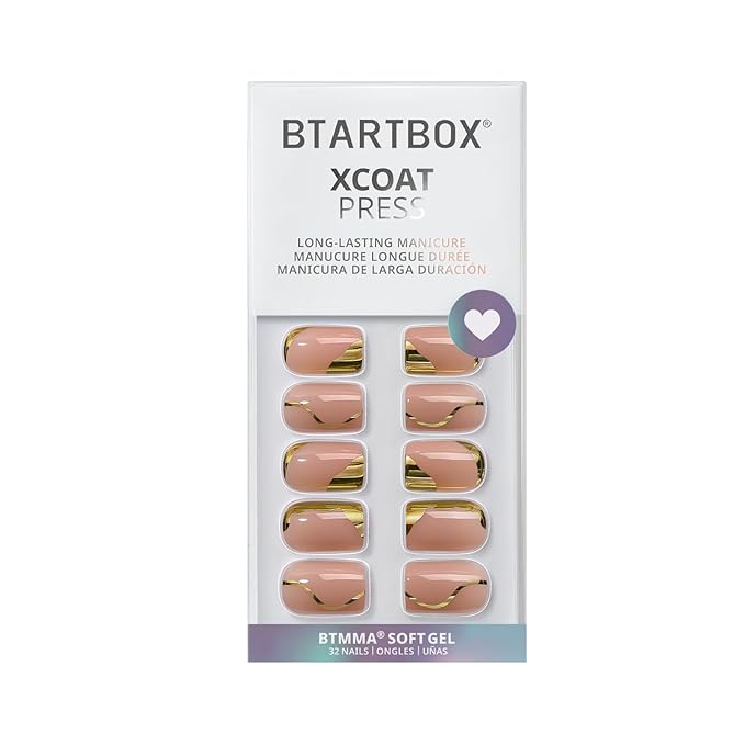 BTArtbox Press On Nails Short Square - Gold Designed Press On Nails, Winter Glue On Nails for Women Gifts, Natural Fake Nail with Glue, Glue On Nails in 16 Sizes - 30 Nail Kit, Gold Leaf