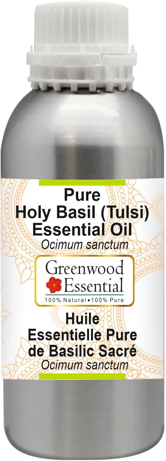 Greenwood Essential Pure Holy Basil Essential Oil (Ocimum Sanctum) Steam Distilled 630ml (21 oz)