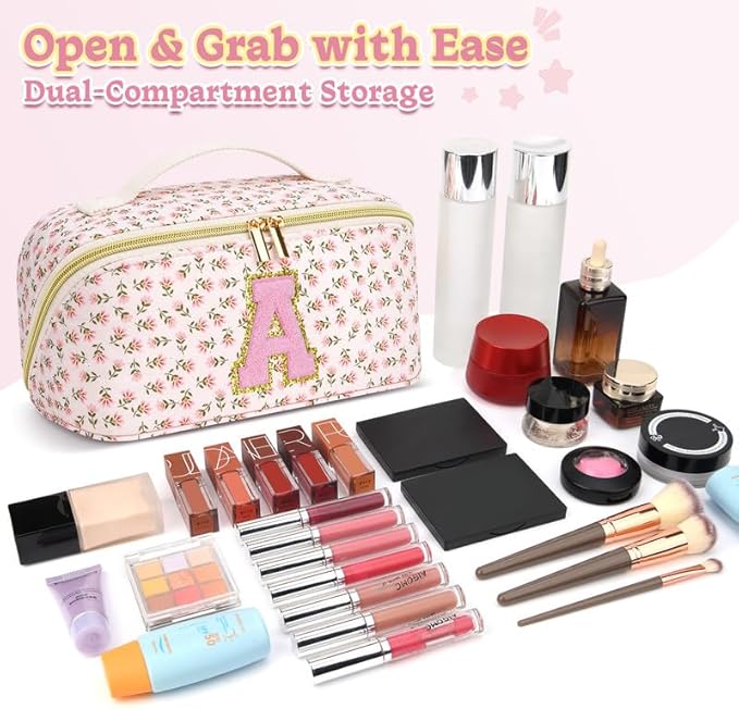 Personalized Travel Makeup Bag Set,Initial Travel Cute Floral Makeup Organizer Bag,Toiletry Skincare Cosmetic Bag,Christmas Gifts for Women/Girls,Open Flat Toiletry Pouch with Brush Pocket-B