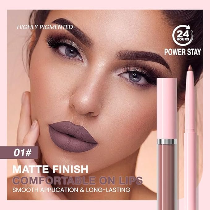AMY'S DIARY 2pcs Matte Dark Red Lip Liner & Lipstick&Shiny Clear Lip Oil Makeup Set, Liquid Lipstick 24H and Lip Liner Set Matt Liquid Lips Make Up Waterproof Long Lasting (01#, 2 Pcs Set)