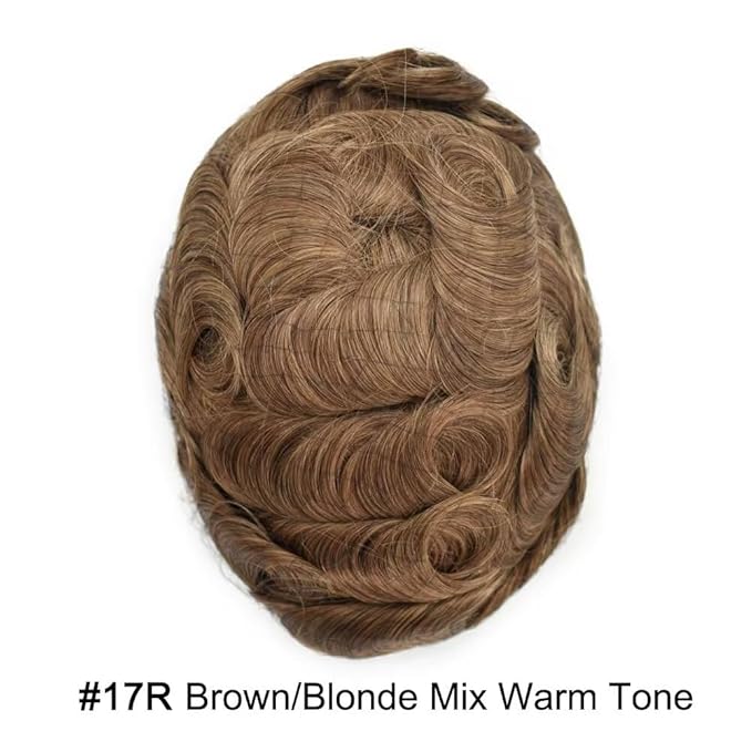 Toupee for Men French Lace Human Hair Replacement Systems Lace Center with Poly Around Hair Piece Mens Toupee Hair Units for Man V-Looped Front Male Hair Units 6"X9" 17R#BROWN/BLONDE MIX WARM TONE